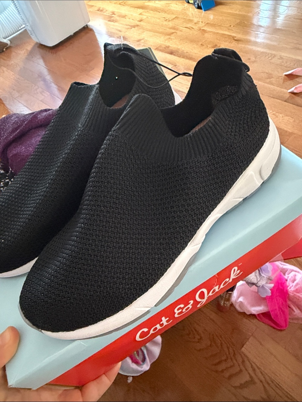 Cat & Jack girls Black Knit Slip-On Sneakers with White Sole NEW with box
